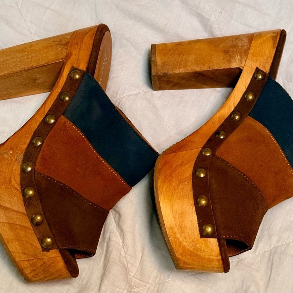 Five Worlds striped Suede platform clogs W/chunky wooden heels made in Mexico - Picture 8 of 9